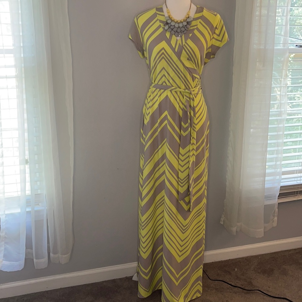 Cato Yellow and Grey Belted Maxi Dress